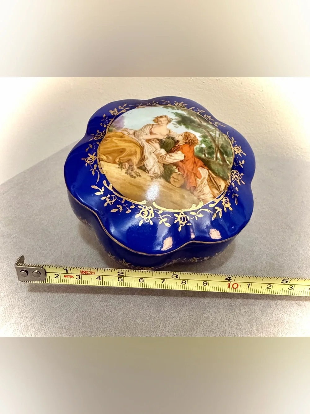 RS Prussia Reproduction Trinket Box Victorian Lovers Blue Gold Porcelain